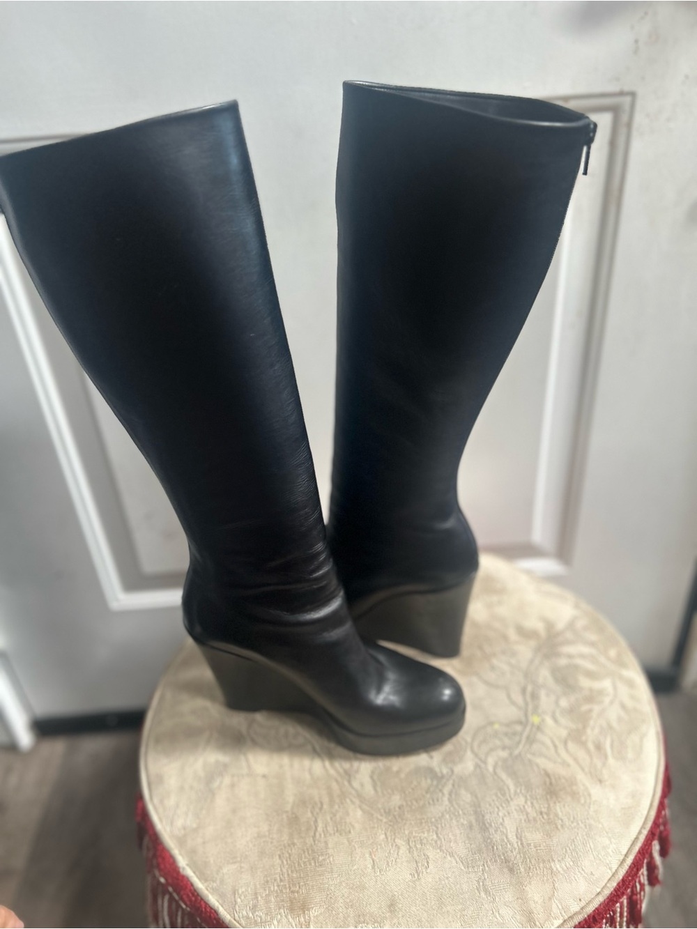 Christian Loubotin Black Tall Smooth chunky wedge platform Leather boots Sz 38 - Picture 13 of 15